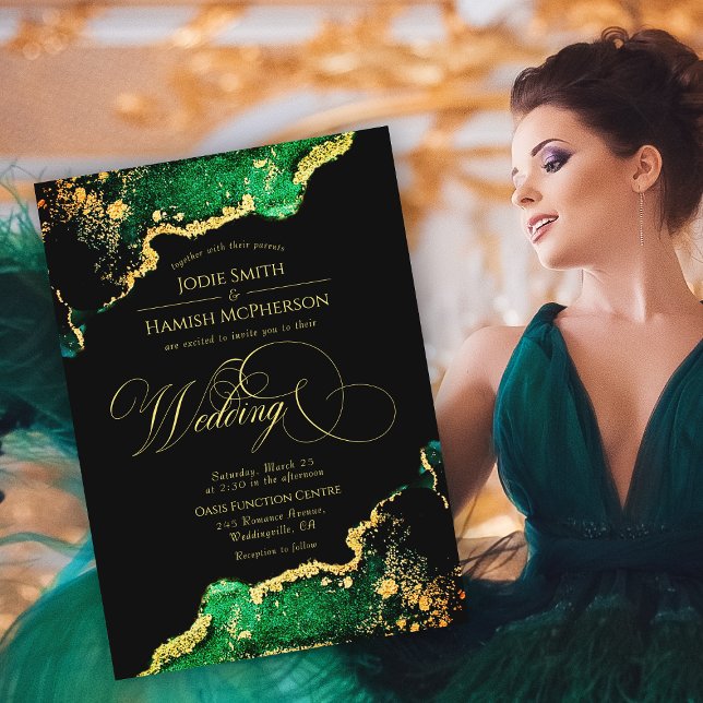 Elegant Emerald Grönt Bronze Guld Bröllop Inbjudningar (Elegant Emerald Green Bronze Gold Wedding Invitation)