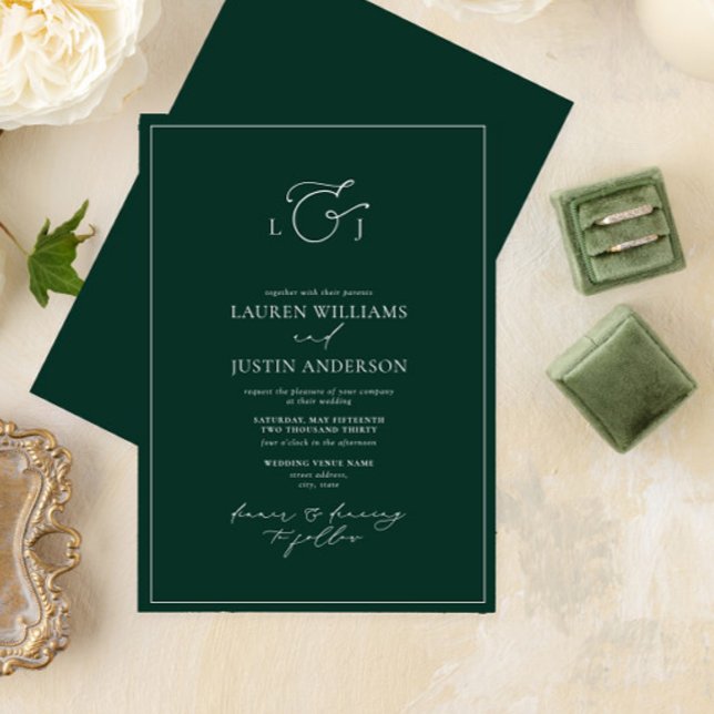 Elegant Emerald Grönt Calligraphy Monogram Bröllop Inbjudningar (Skapare uppladdad)
