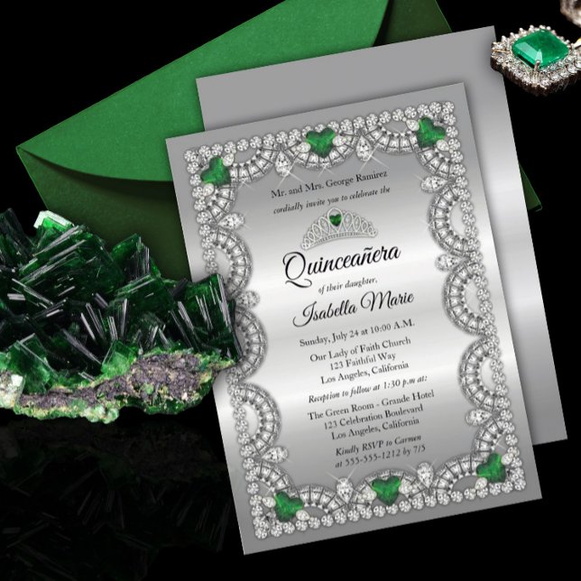 Elegant Emerald Grönt | Diamond Krona Quinceañera Inbjudningar (Skapare uppladdad)