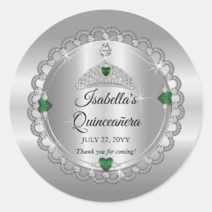 Elegant Emerald Grönt Diamond Krona Quinceañera Runt Klistermärke