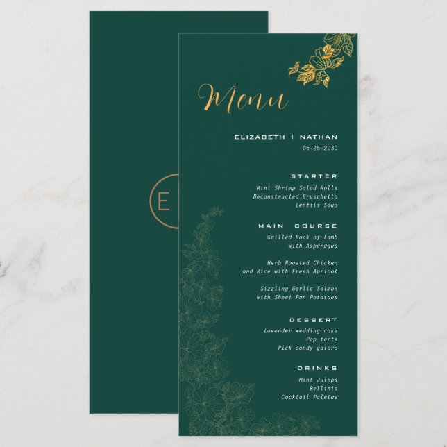 Elegant Emerald Grönt Golden Foliage Bröllop Menu Meny (Fram/baksida)