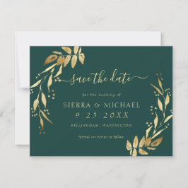 Elegant Emerald Grönt Golden Foliage Spara datum Inbjudningar