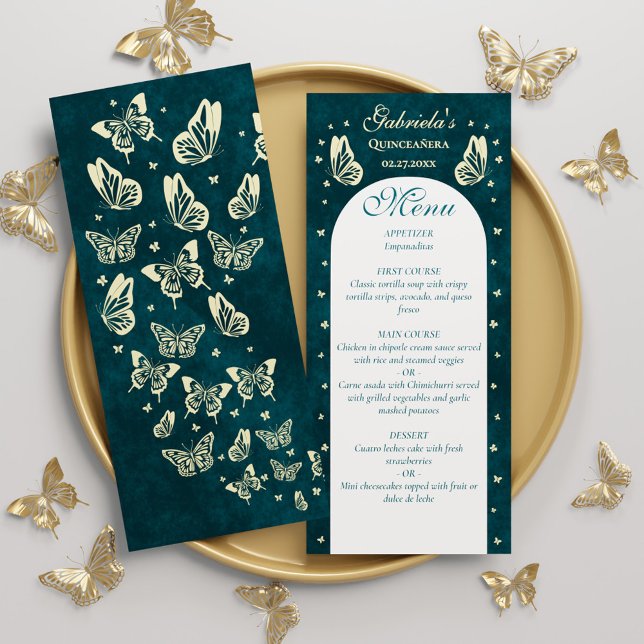 Elegant Emerald Grönt Guld Butterflies Quinceañera Meny (Elegant Emerald Green Gold Butterflies Quinceañera Menu)