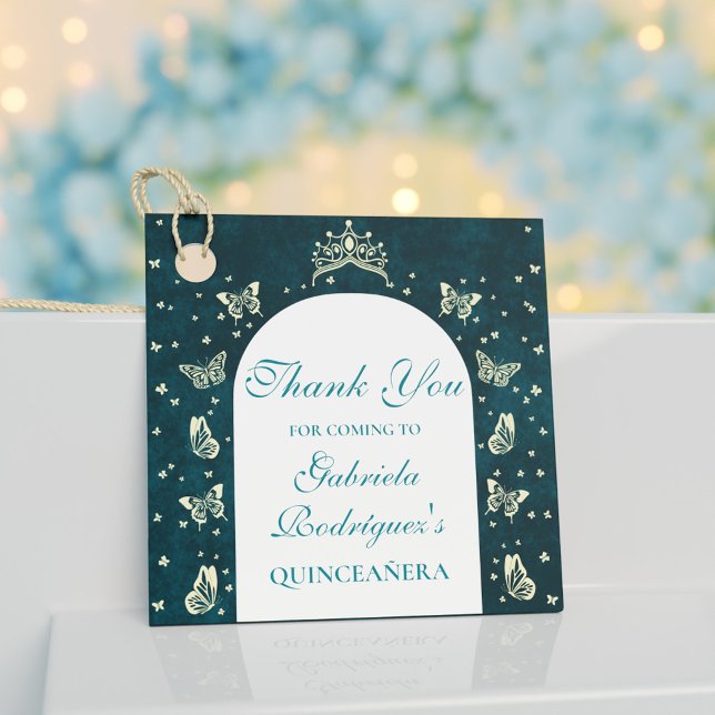 Elegant Emerald Grönt Guld Butterflies Tack Gåvor Etiketter (Elegant Emerald Green Gold Butterflies Thank You Favor Tags)