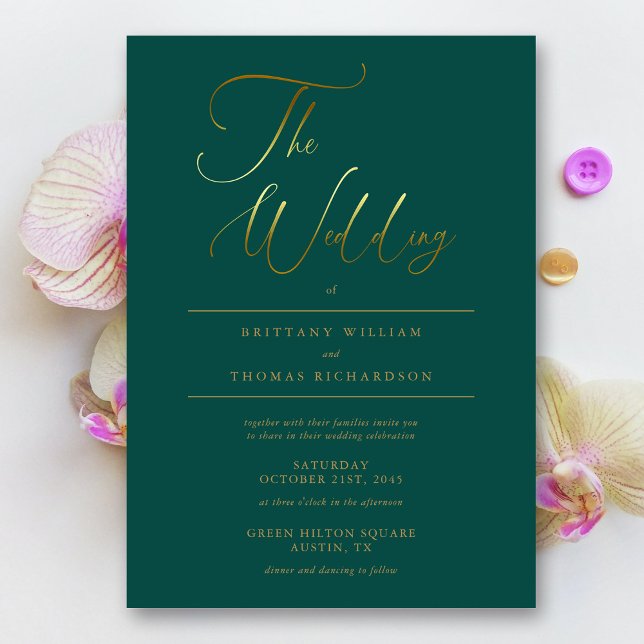 Elegant Emerald Grönt & Guld Calligraphy Bröllop Inbjudningar (Elegant Emerald Green & Gold Calligraphy Wedding Invitation)