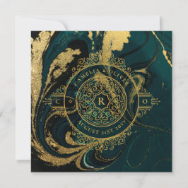 Elegant Emerald Grönt Guld Ornate Vintage bröllop Inbjudningar