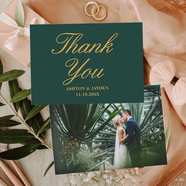 Elegant Emerald Grönt Guld Photo Bröllop Tack Kort (Elegant Emerald Green Gold Photo Wedding Thank You Card
)