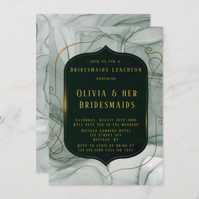 Elegant Emerald Grönt Guld Ram Brudesmaids Lunch Inbjudningar (Fram/baksida)