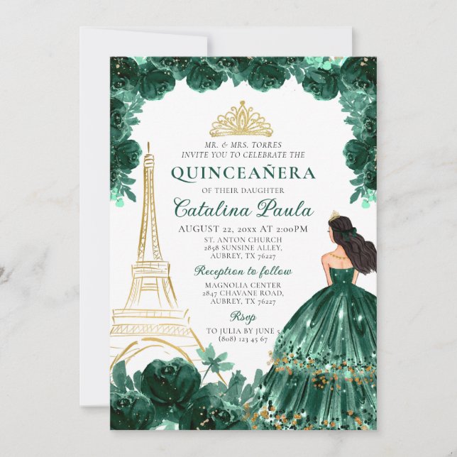 Elegant Emerald Grönt Guld Tiara Paris Quinceañera Inbjudningar (Framsida)