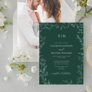 Elegant Emerald Grönt Löv Photo Monogram Bröllop Inbjudningar