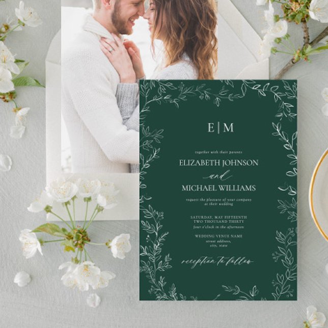 Elegant Emerald Grönt Löv Photo Monogram Bröllop Inbjudningar (Skapare uppladdad)