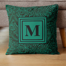 Elegant Emerald Grönt Monogram Foliage Mönster Kudde