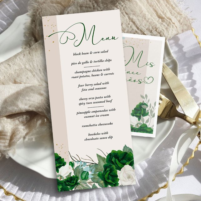 Elegant Emerald Grönt och Elfenbenskustens Blommig Meny (Quinceanera Menu from the Royal Rose Emerald Green Quinceanera Collection by Darling & May)