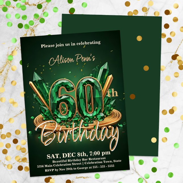 Elegant Emerald Grönt och Guld 60:e födelsedagen Inbjudningar (Skapare uppladdad)