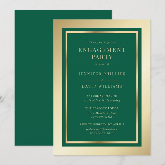 Elegant Emerald Grönt och Guld Förlovningsfest Inbjudningar (Fram/baksida)