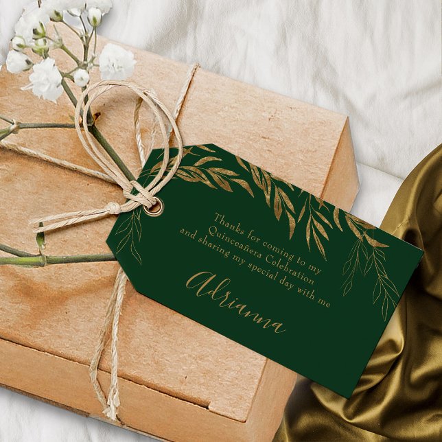 Elegant Emerald Grönt och Guld Löv favör Presentetikett (Emerald Green Quinceanera favor gift tags from my Gold Leaf Quinceanera Collection)