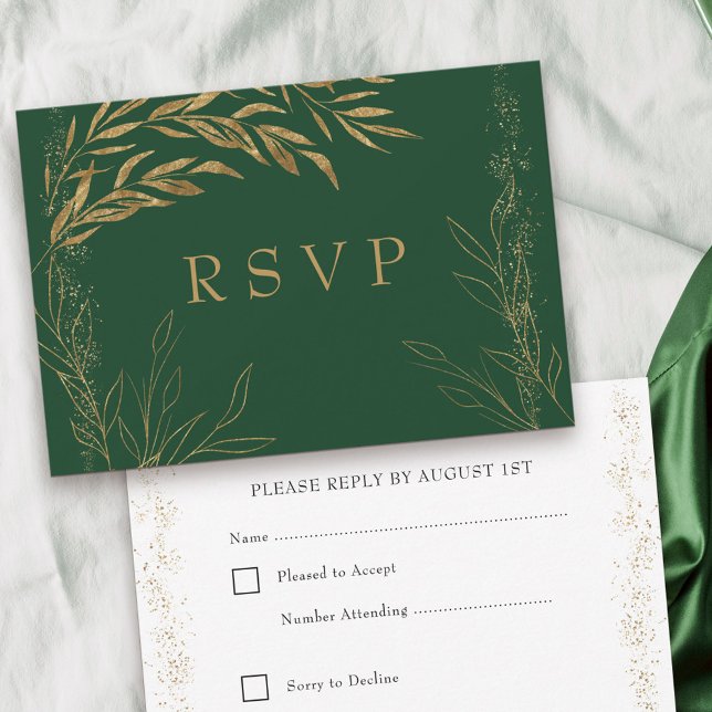 Elegant Emerald Grönt och Guld Löv OSA Kort (Emerald Green RSVP with editable response date from my Gold Leaf Collection)
