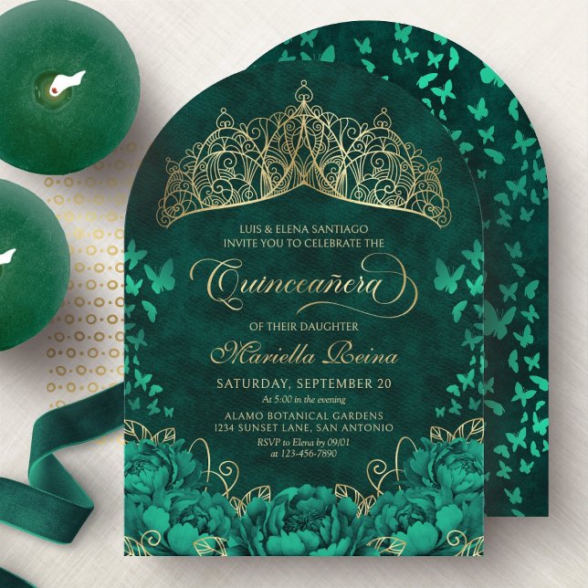 Elegant Emerald Grönt Princess Krona Quinceanera Inbjudningar (Skapare uppladdad)