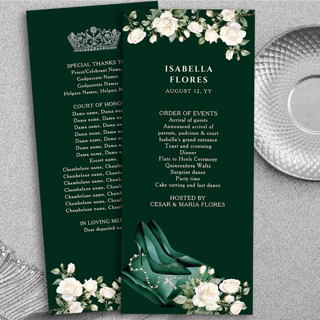 Elegant Emerald Grönt Quinceanera Tiara och Ro Program (Program Cards from the Princess Dress and Roses Quinceanera Collection by Darling & May)