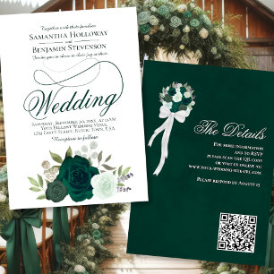 Elegant Emerald Grönt Ro Blommigt QR Code Bröllop Inbjudningar