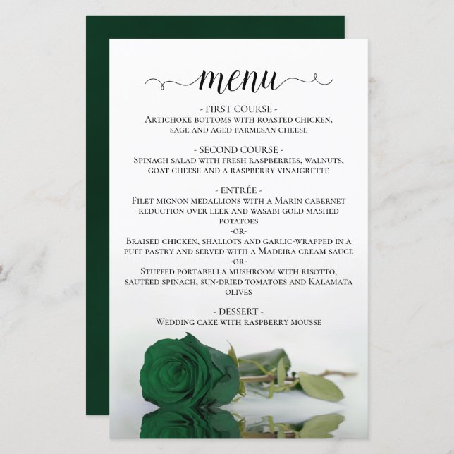 Elegant Emerald Grönt Ro Bröllop Menu (Fram/baksida)