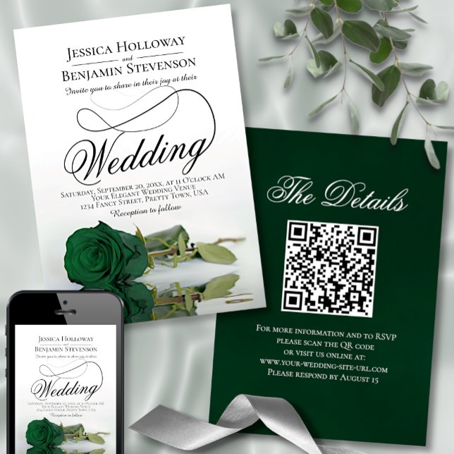 Elegant Emerald Grönt Ro Finare QR-koden Bröllop Inbjudningar (Skapare uppladdad)
