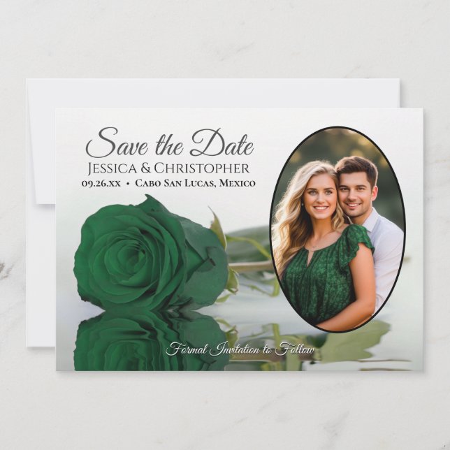 Elegant Emerald Grönt Ro Oval Photo Bröllop Spara Datumet (Framsida)