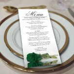 Elegant Emerald Grönt Ro Reflection Bröllop Meny<br><div class="desc">Den här vackra menyn kommer att lägga lite stil till ditt bröllopsmottagande. Den har en vacker och romantisk utformning med en enda grönt färgad ro som ljuger på sin sida och reflekterar i ett bassäng av vatten med vinkara och krusande. Det finns utrymme för namn från paret och bröllop, och...</div>