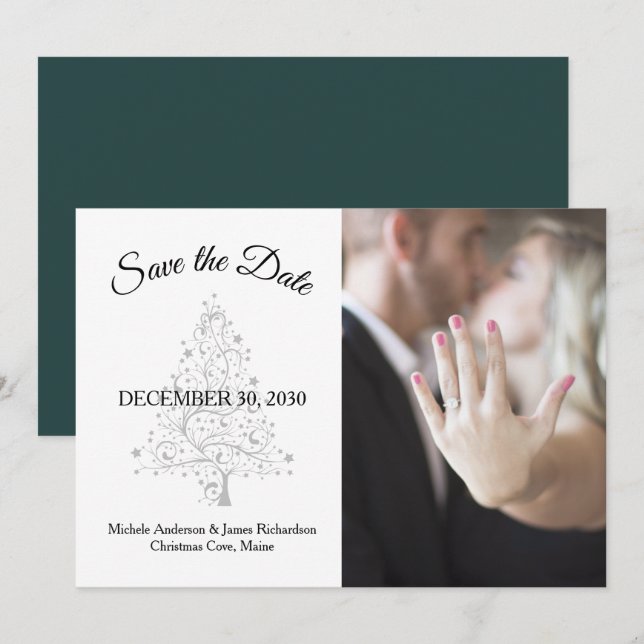 Elegant Emerald Grönt Silver Winter Wedding Photo Spara Datumet (Fram/baksida)