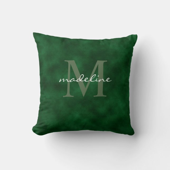 Elegant Emerald Grönt Velvet-skript Monogram Kudde (Framsida)