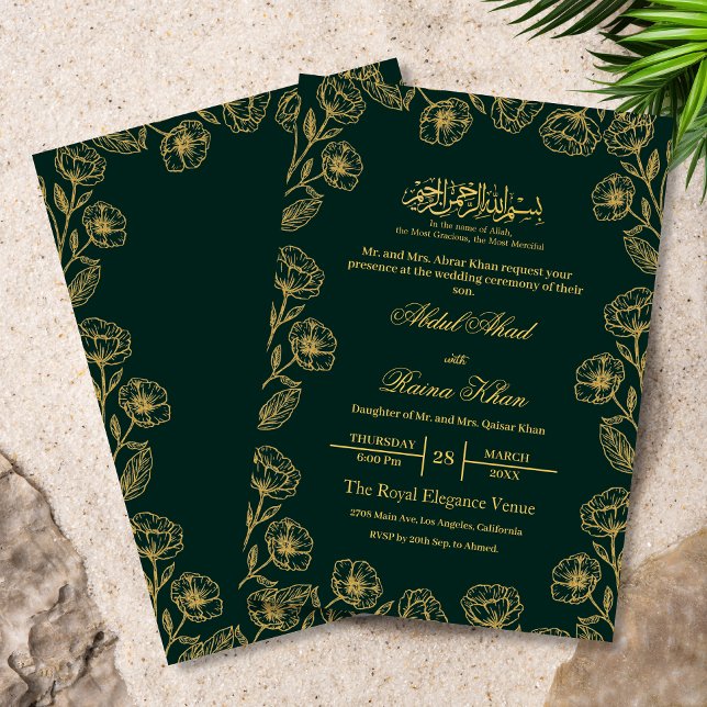 Elegant Emerald Guld Blommigt Islamisk muslimsk Br Inbjudningar (Skapare uppladdad)