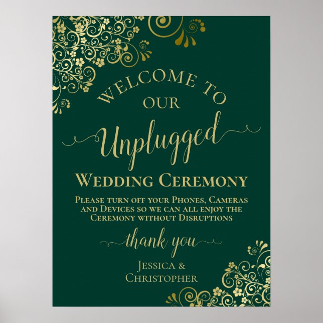 Elegant Emerald & Guld Unplugged Bröllop Ceremony Poster (Framsidan)