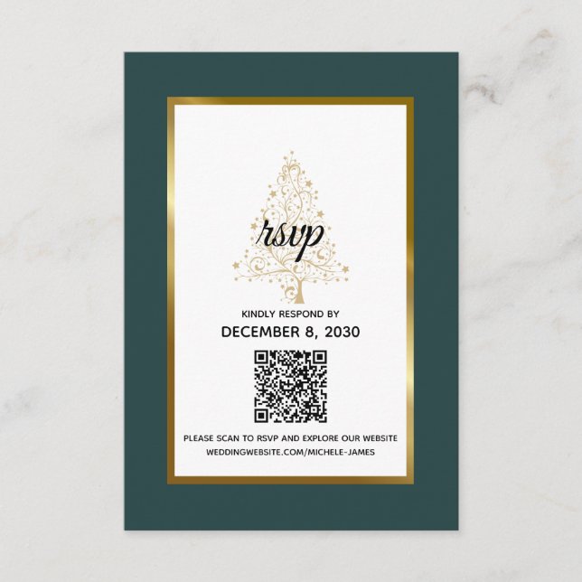 Elegant Emerald Guld Winter Wedding QR-kod OSA Kort (Framsida)