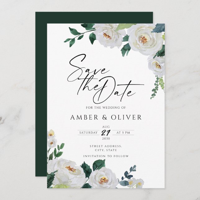 Elegant Emerald Ivory White Blommigt Spara datum Inbjudningar (Fram/baksida)