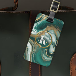 Elegant Emerald Marble med Guld Initial och Namn Bagagebricka