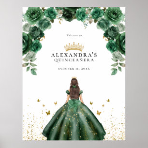 Elegant Emerald Quinceañera Blommigt Faux Foil Poster