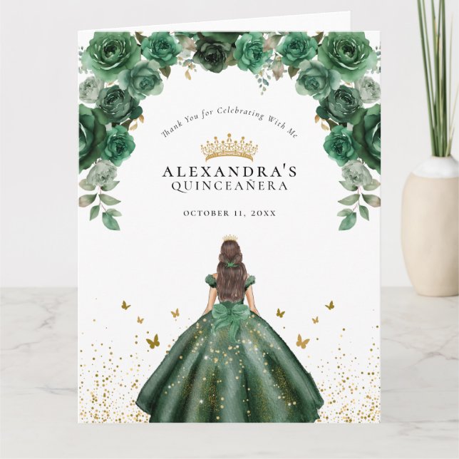 Elegant Emerald Quinceañera Blommigt Faux Foil Tack Kort (Framsida)