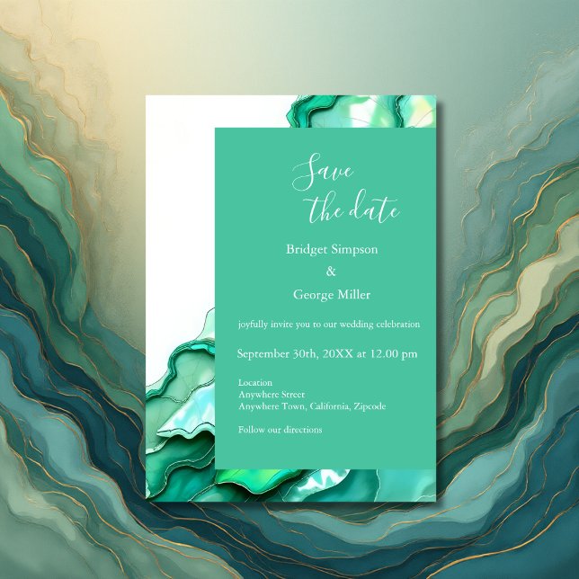 Elegant Emerald Teal Marble Watercolor Bröllop Inbjudningar (Skapare uppladdad)