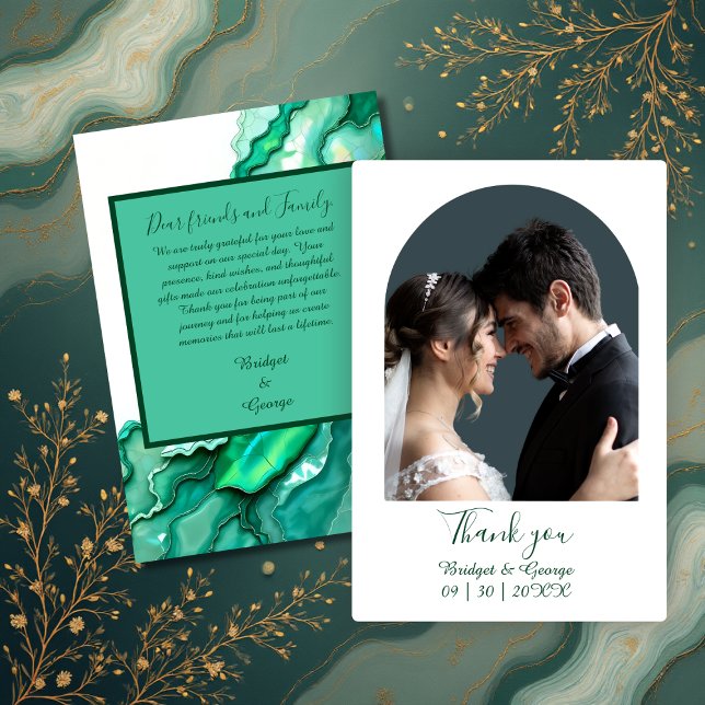 Elegant Emerald Teal Marble Watercolor Bröllop Tack Kort (Skapare uppladdad)