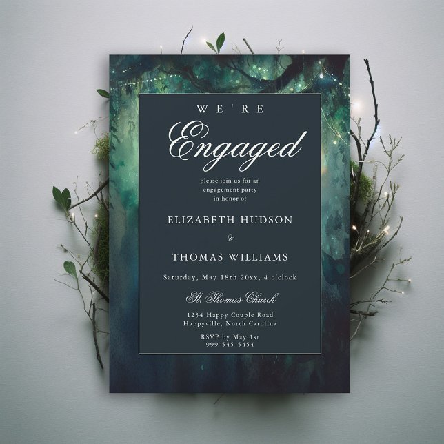 Elegant Enchanted Forest Emerald Förlovningsfest Inbjudningar (enchanted forest were engaged engagement party invitation emerald classic elegant modern garden)