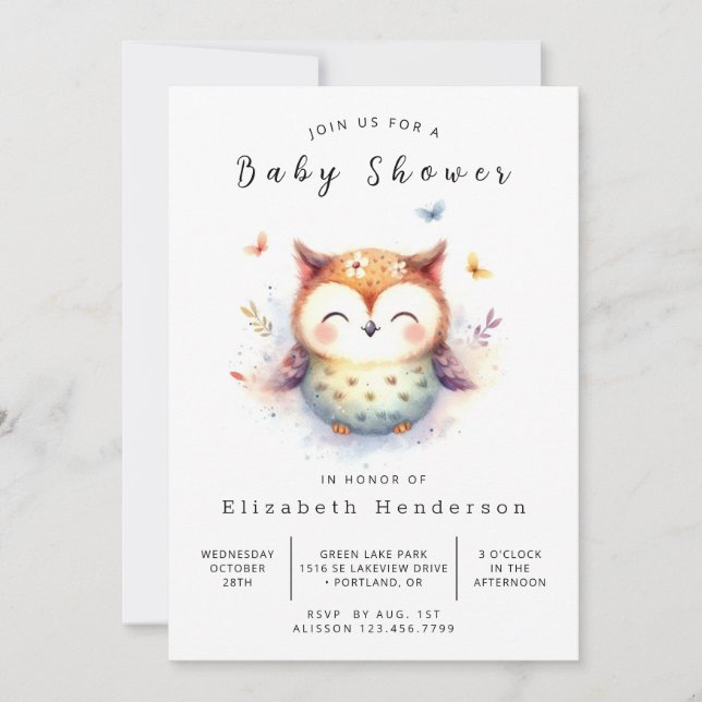 Elegant Enchanted Uggla Baby Shower Inbjudningar (Framsida)