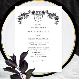 Elegant Enchanting Black Garlands Monogram Bröllop Inbjudningar