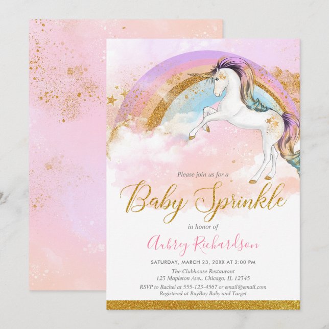 Elegant encorn baby sprinkle girl pastel rainbow inbjudningar (Fram/baksida)