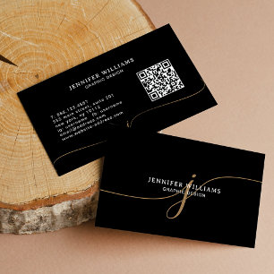 Elegant enfärgad svart guld script monogram QR-kod Visitkort