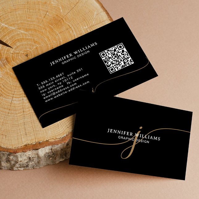 Elegant enfärgad svart guld script monogram QR-kod Visitkort (Skapare uppladdad)