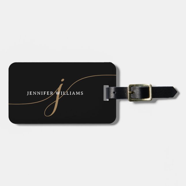 Elegant enfärgad svart och guld scriptmonogram bagagebricka (Horisontell Framsida)