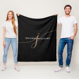Elegant enfärgad svart och guld scriptmonogram fleecefilt