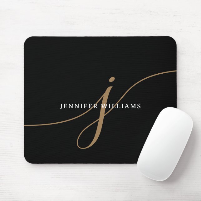 Elegant enfärgad svart och guld scriptmonogram musmatta (Med mus)