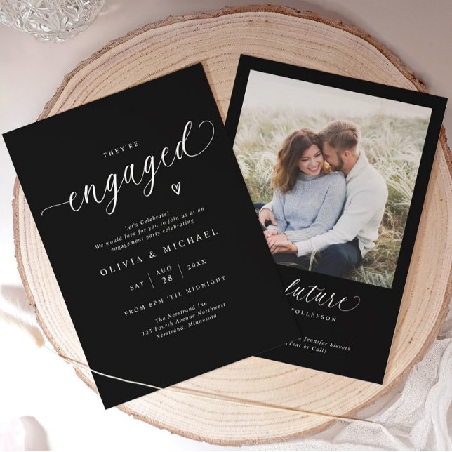 Elegant Engaged Modern Black Engagement Party Inbjudningar (Modern black engagement party invitation with elegant white script and minimalist with photo.)