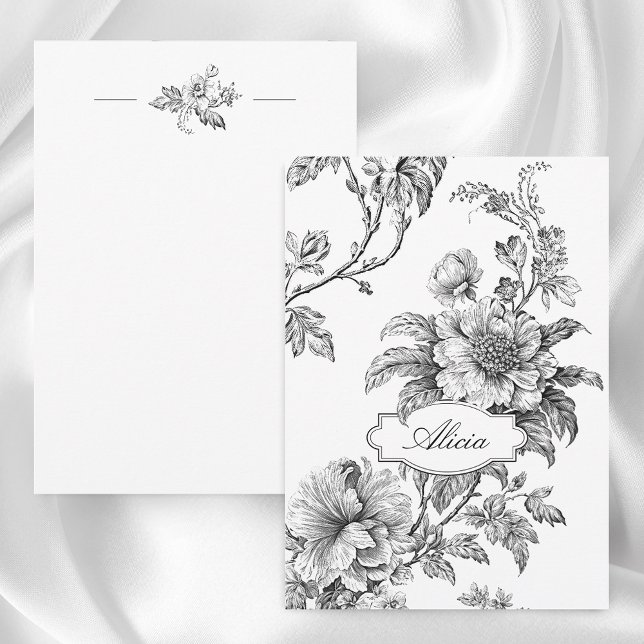 Elegant Engraved B&W-Blommigt w/Namn eller Monogra Anteckningskort (Skapare uppladdad)